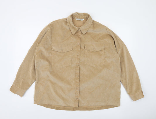 Stradivarius Women Beige Corduroy Button-Up Shirt Size S
