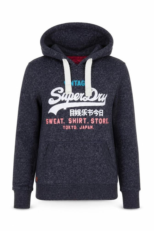 Superdry Womens Blue Pullover Hoodie XXS Vintage Graphic Sweatshirt