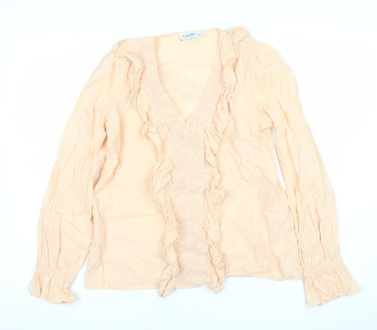 Gallery Women’s Beige Cotton Ruffle Long Sleeve Tunic Blouse UK 10