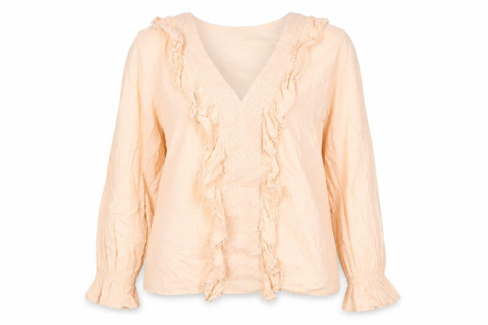 Gallery Women’s Beige Cotton Ruffle Long Sleeve Tunic Blouse UK 10