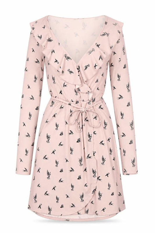 H&M Divided Women’s Pink Bird Print V-Neck Wrap Dress Size 8