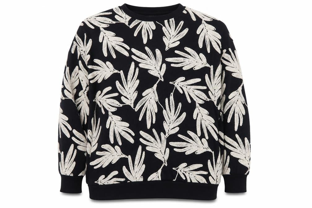 Saviid Women's Black Beige Embroidered Leaf Sweatshirt Size XL