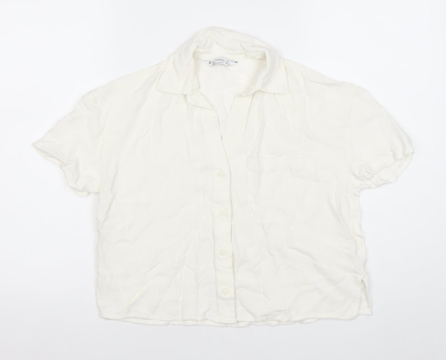 Stradivarius Women’s White Viscose Short Sleeve Button-Up Shirt Size 12