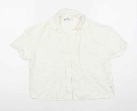 Stradivarius Women’s White Viscose Short Sleeve Button-Up Shirt Size 12