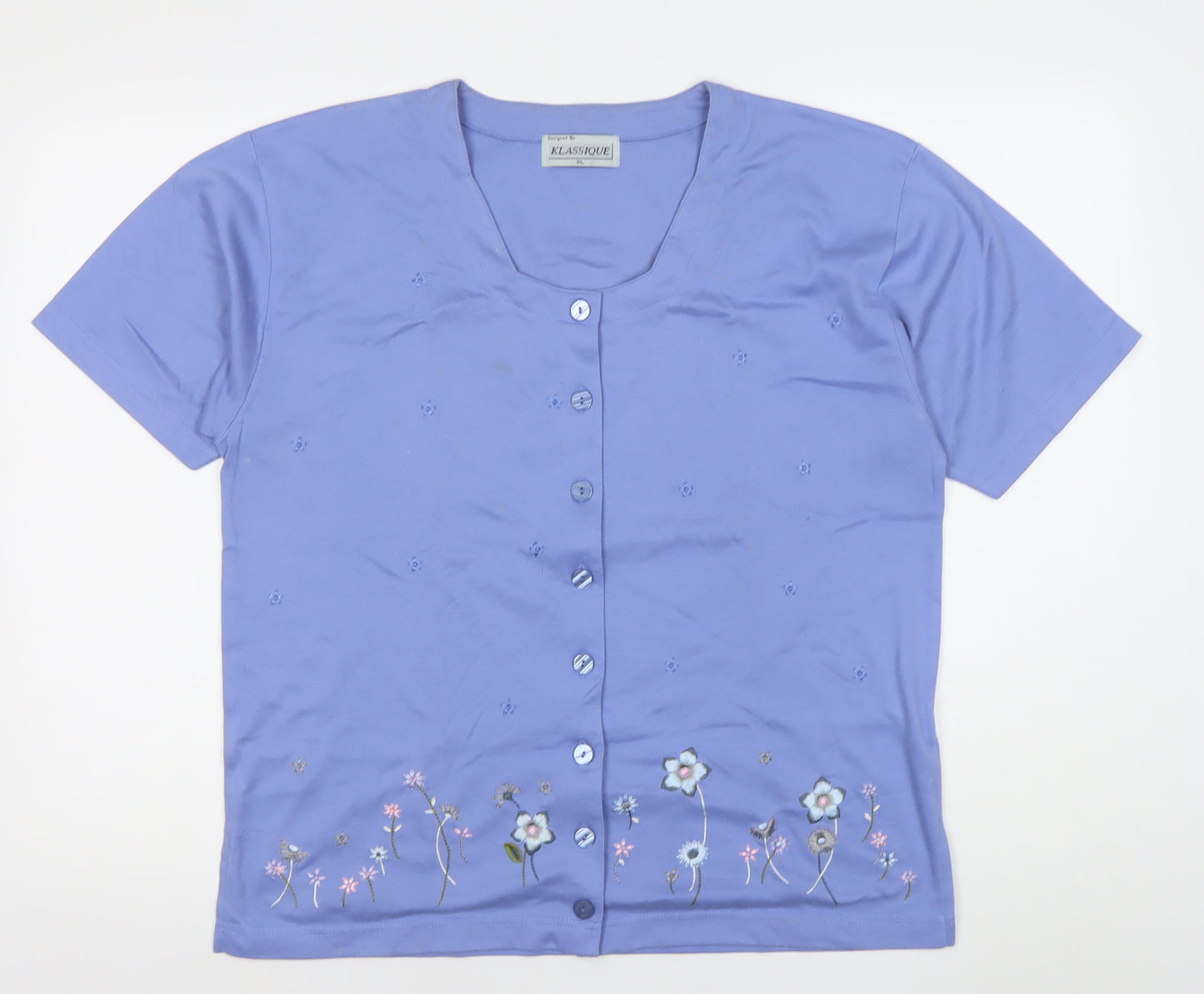 Klassique Women's Blue Floral Embroidered Button-Up Top XL