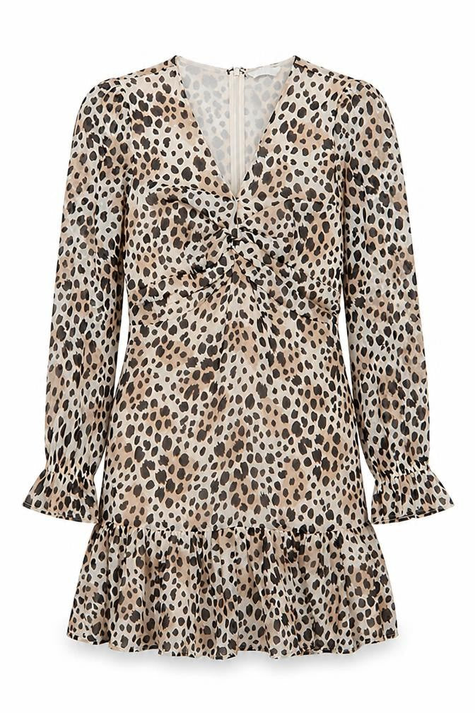 Very Women Beige Leopard Print Wrap Dress Size 14 Long Sleeve Chiffon