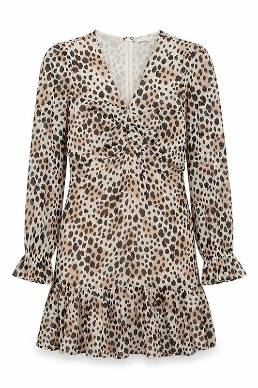 Very Women Beige Leopard Print Wrap Dress Size 14 Long Sleeve Chiffon