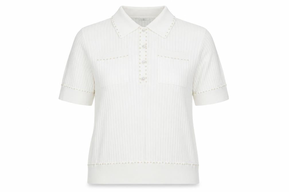 CALLERY Women's White XL Polo Knit Top Short Sleeve Beaded Detail