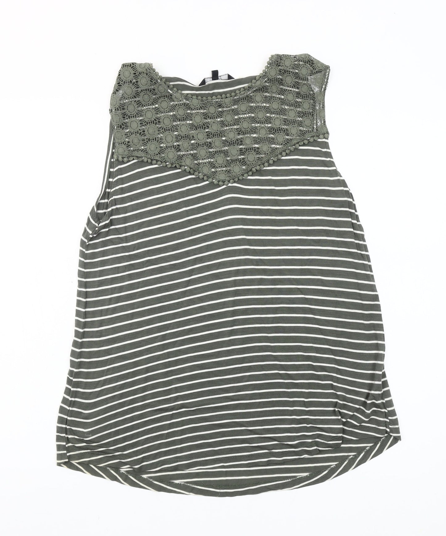 Miso Essentials Women’s Green Striped Crochet Neck Sleeveless Tank Top Size M