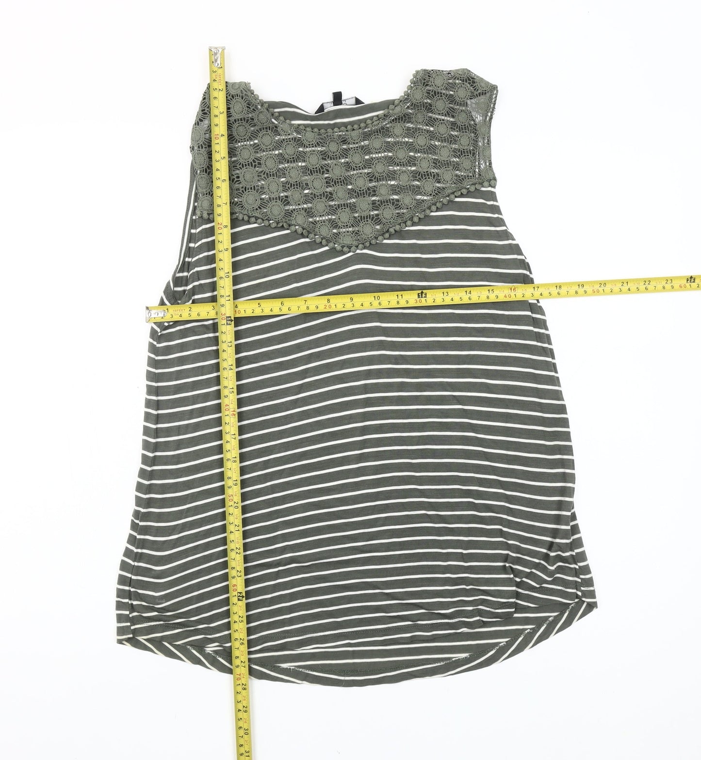 Miso Essentials Women’s Green Striped Crochet Neck Sleeveless Tank Top Size M