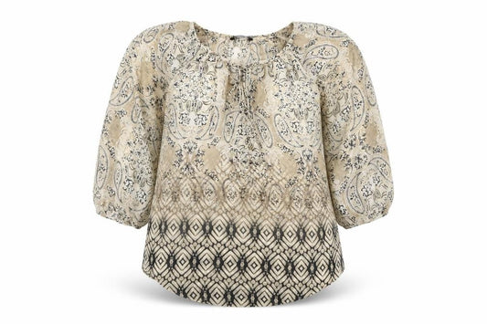 Front view of Dunnes women’s beige paisley tunic blouse, size UK 8, 3/4 sleeve polyester