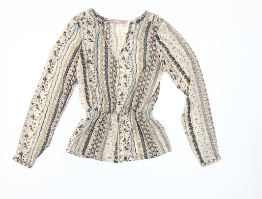 A|wear Women's Beige Floral Tunic Blouse Size 10 Long Sleeve V-Neck