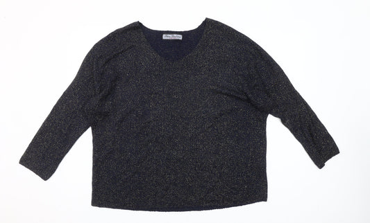 Paco Boutique Women's Blue Glitter Knit V-Neck 3/4 Sleeve Blouse XL