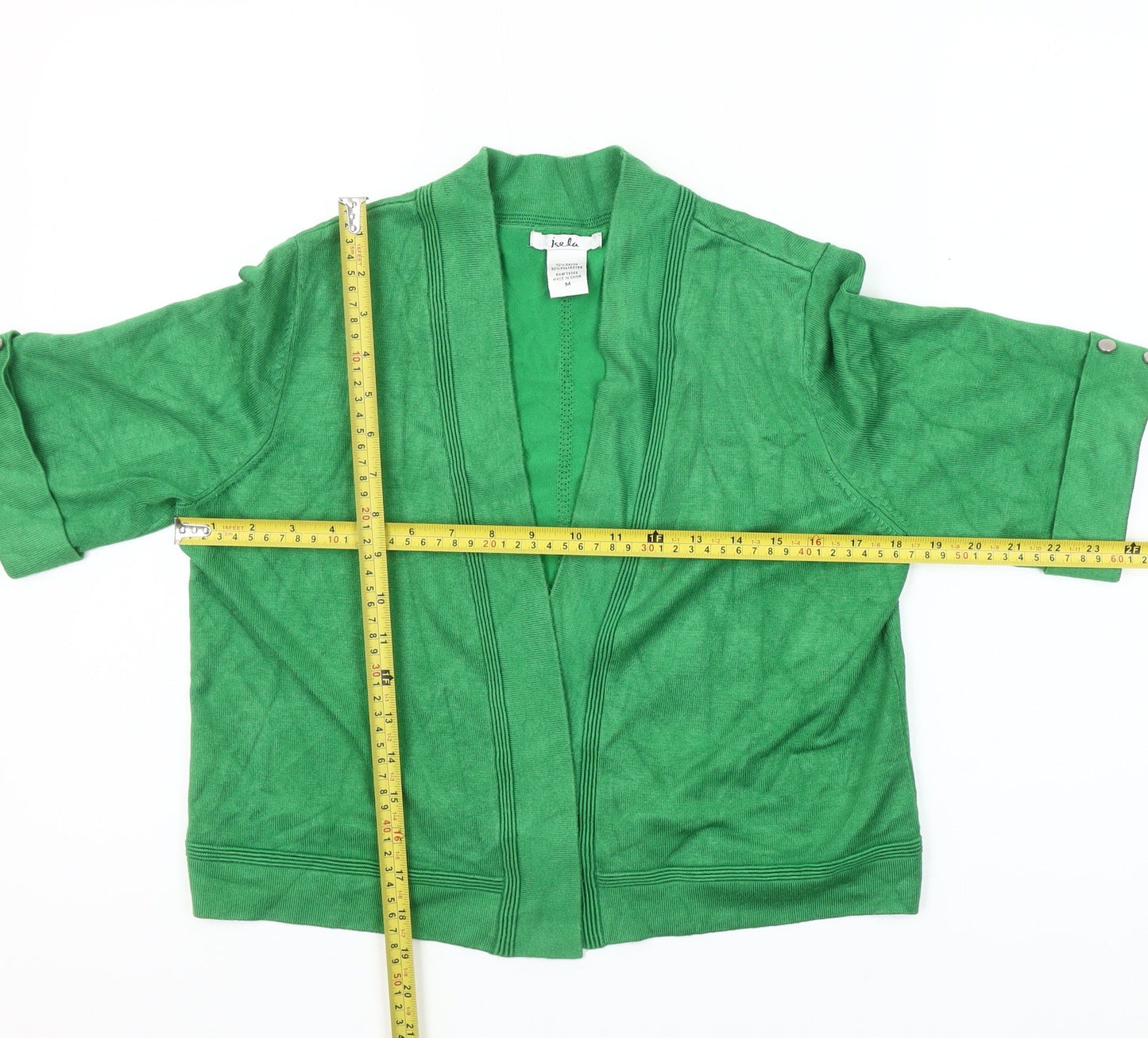 Isela Women Green M Open Cardigan 3/4 Sleeve Rayon Blend