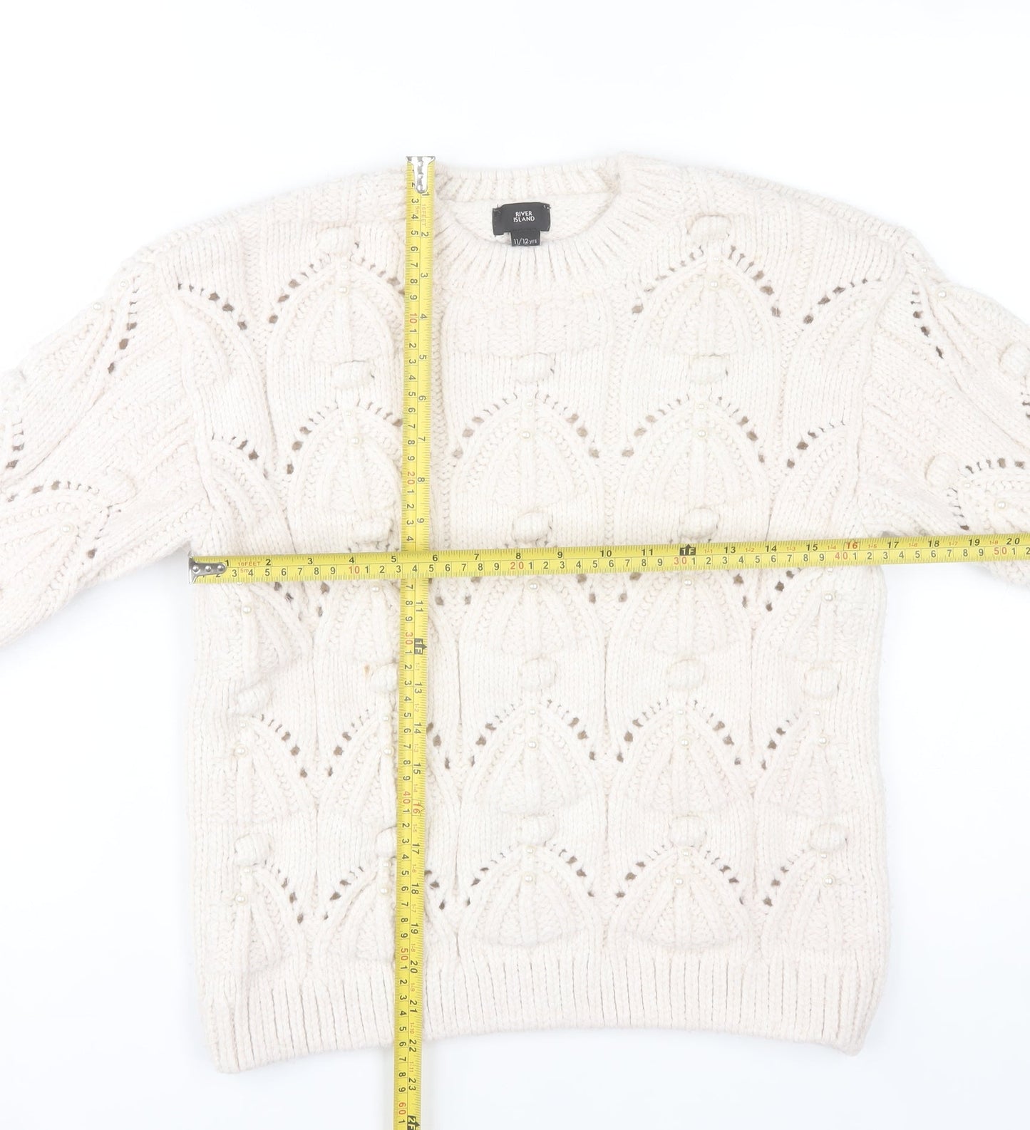 River Island Girls Ivory Knit Jumper 11-12 Years Acrylic Blend Winter Pullover