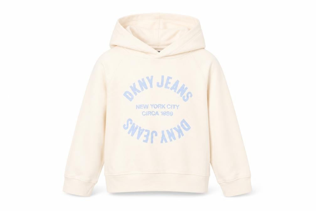 DKNY Jeans Girls Beige Hooded Pullover Hoodie Size 5 Graphic Print