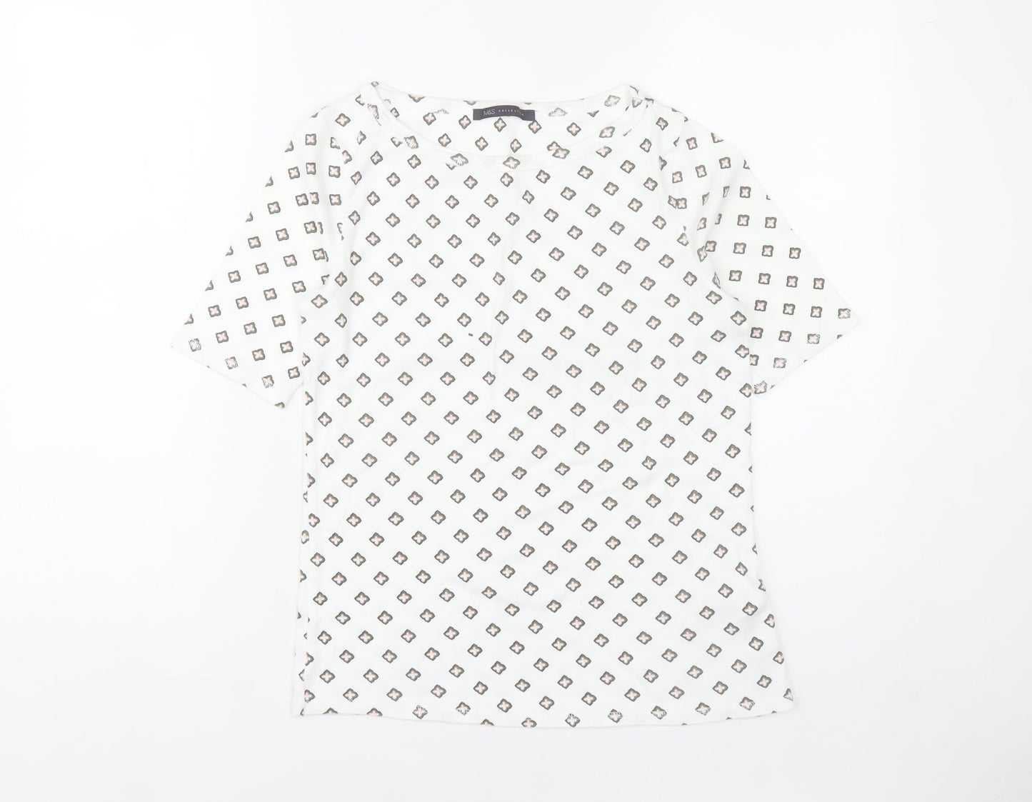 Marks and Spencer Womens White Geometric Print Cotton T-Shirt UK 12