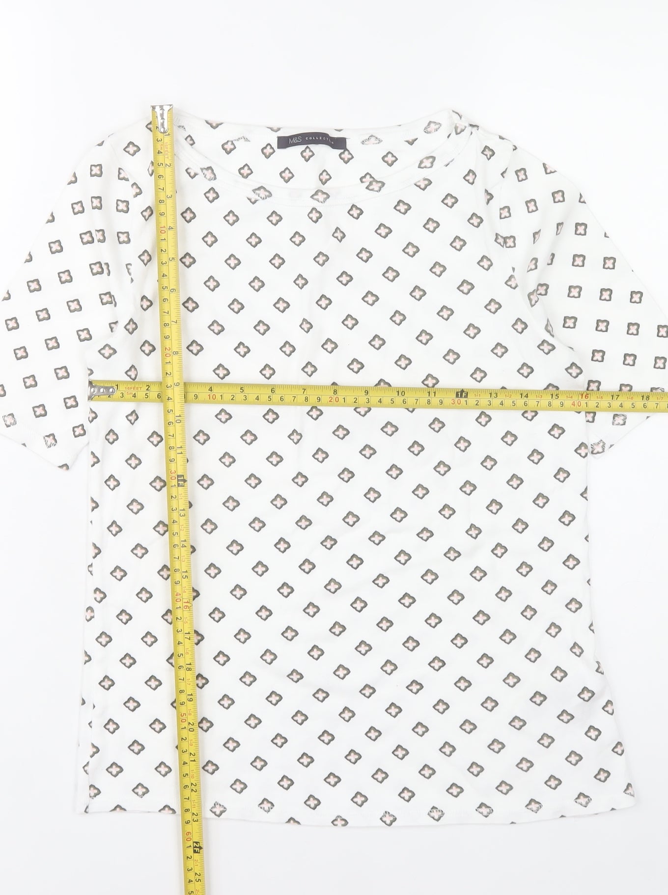 Marks and Spencer Womens White Geometric Print Cotton T-Shirt UK 12