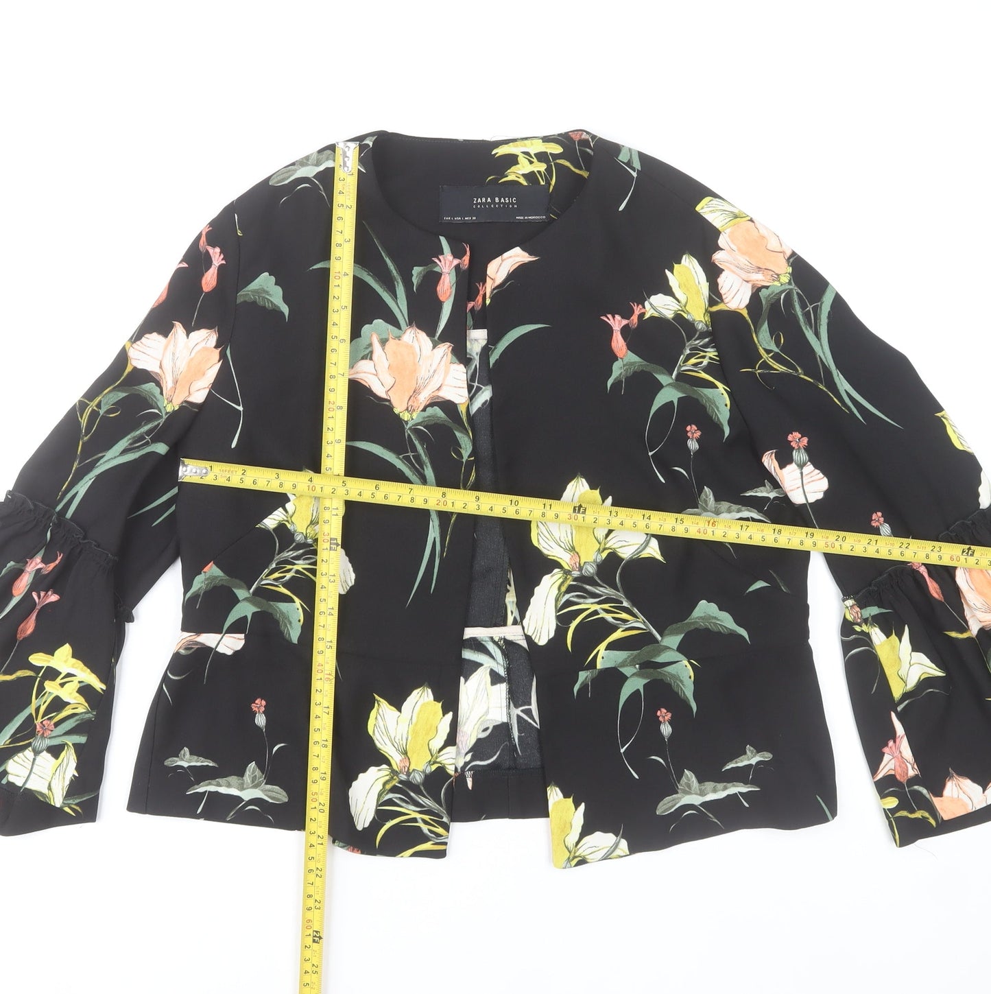 Zara Basic Women's Black Floral Ruffle Sleeve Short Jacket Size 14