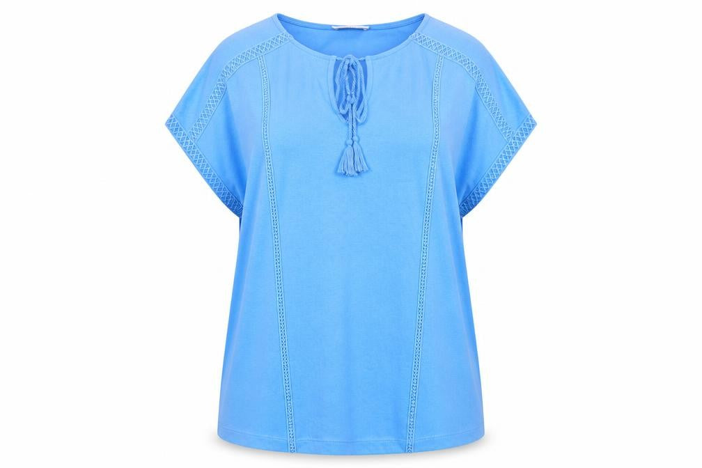 Gallery Women's Blue Tunic Blouse L Short Sleeve Tassel Detail