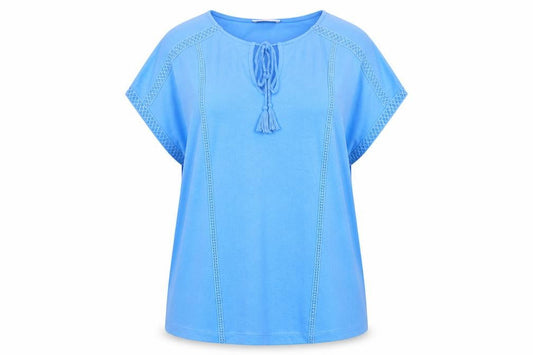 Front view of Gallery Women's Blue Tunic Blouse L Short Sleeve Tassel Detail
