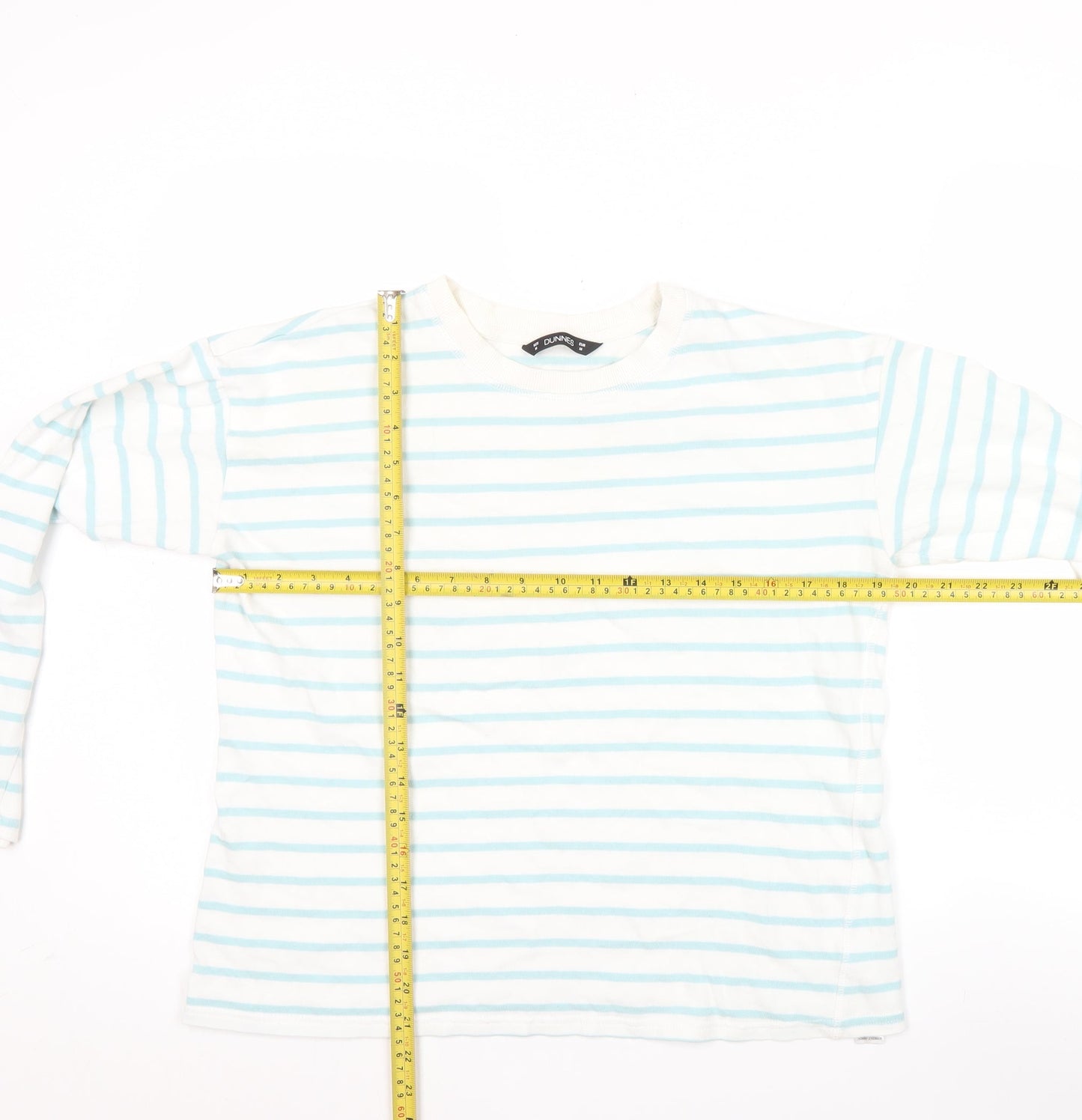 Dunnes Women's White Blue Striped Long Sleeve Cotton T-Shirt Size M