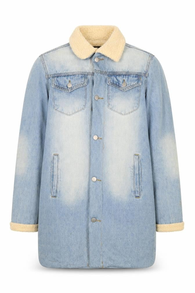 Momokrom Men Blue Denim Long Sherpa Coat Jacket Size S