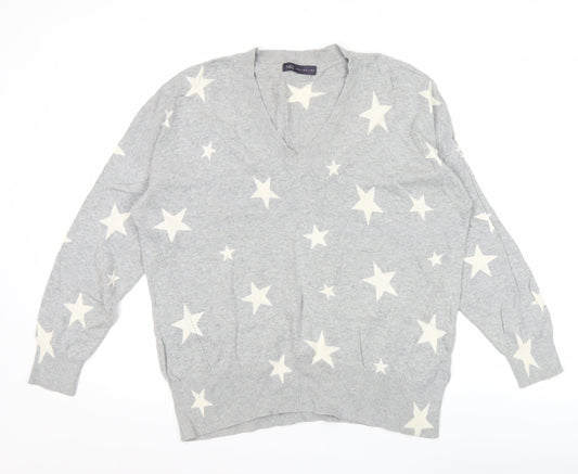 Marks and Spencer Womens Grey Star V-Neck Cotton Jumper Size L