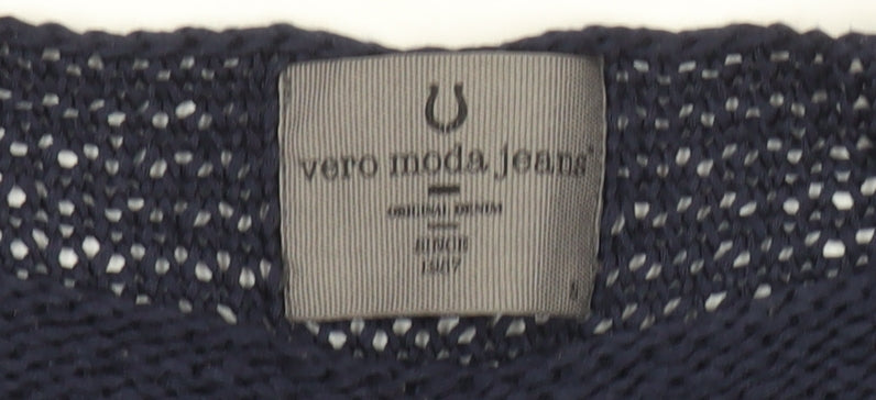 Vero Moda Women Blue Open Knit Short Sleeve Cotton Jumper Size L