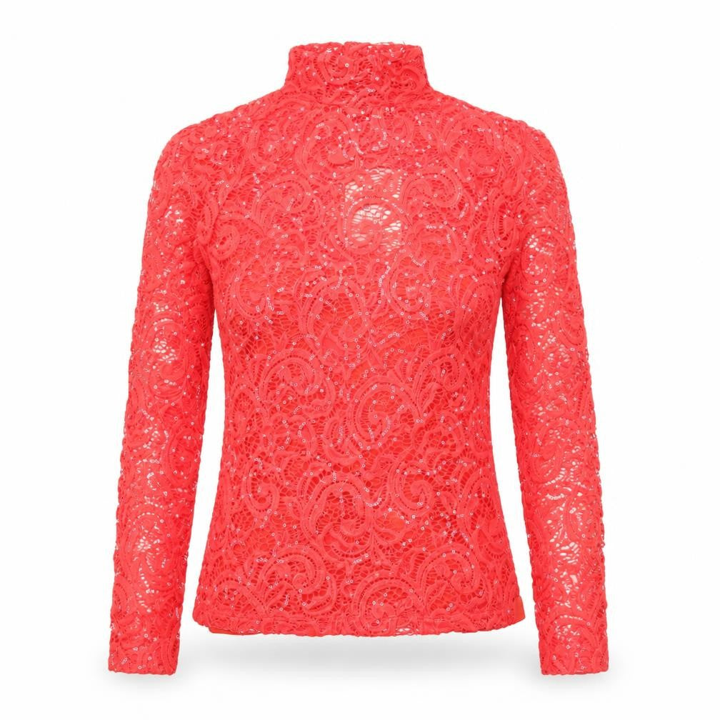Savida Women's Red Sequin Lace High Neck Long Sleeve Blouse 2XS