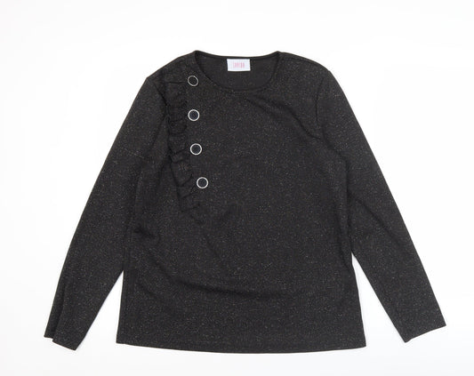 Savida Women’s Black Glitter Long Sleeve Ruffle Button Blouse Size 14