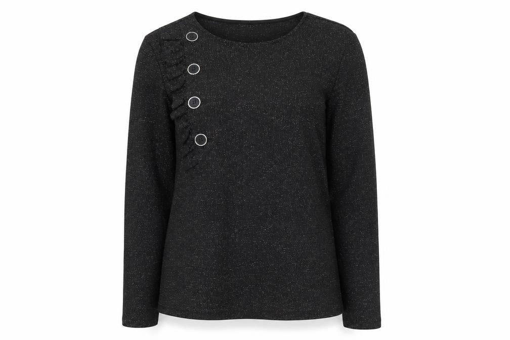 Savida Women’s Black Glitter Long Sleeve Ruffle Button Blouse Size 14