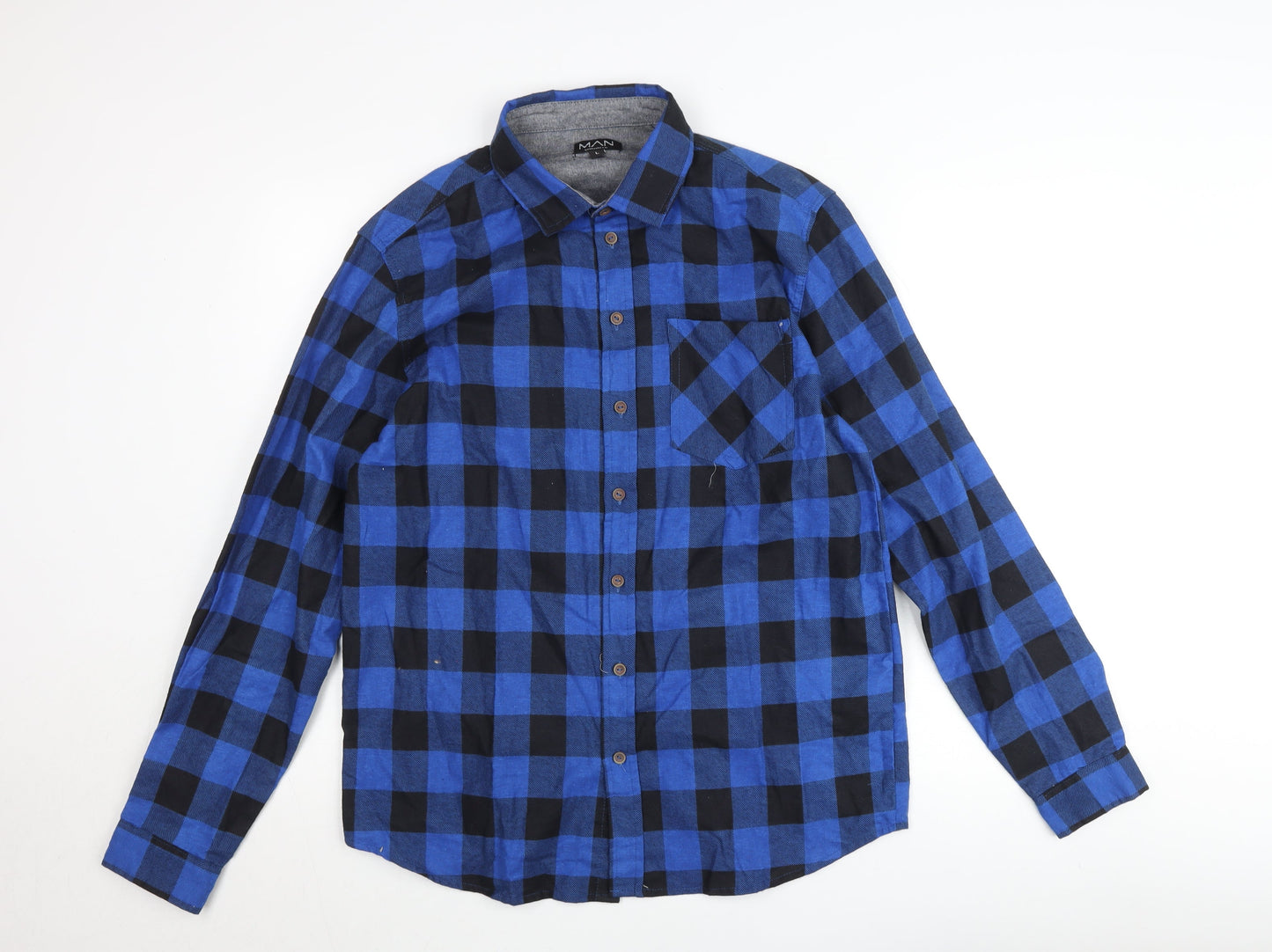 BoohooMAN Men's Blue Check Flannel Button-Up Shirt L