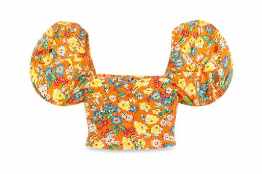 Zara Women’s Orange Floral Puff Sleeve Cropped Blouse Size S