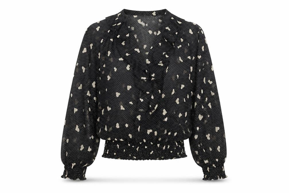 J'aime la Vie Women's Black Heart Print Wrap Blouse Size S