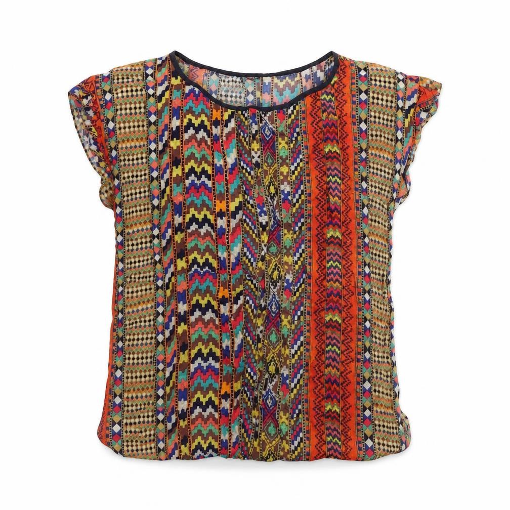 Warehouse Women’s Multicoloured Bohemian Viscose Blouse UK 14 Short Sleeve