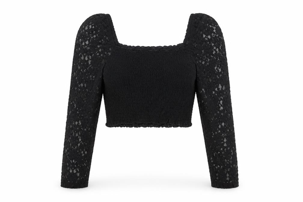 Front view of ASOS Women's Black Lace Cropped Puff Sleeve Blouse UK 10
