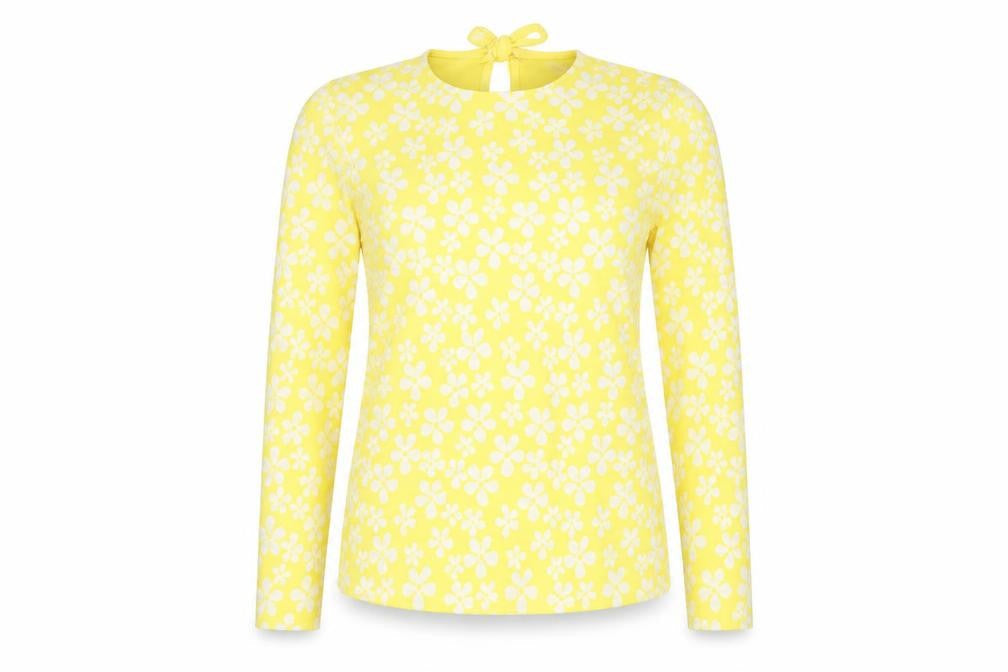 Savida Women's Yellow Floral Long Sleeve Bow Tie Jersey Top Size S
