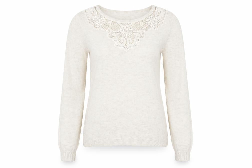 RJR.John Rocha Women Beige Crochet Lace Knit Long Sleeve Blouse Size 12