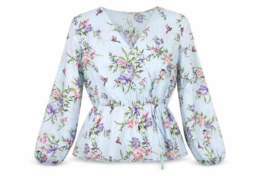 Front view of Billie & Blossom Petite Blue Floral Wrap Blouse, size 10