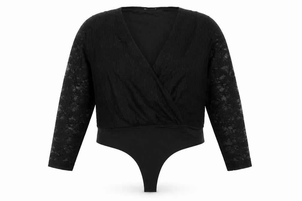 Gallery Women’s Black Lace Wrap Bodysuit Blouse XL Elegant Long Sleeve