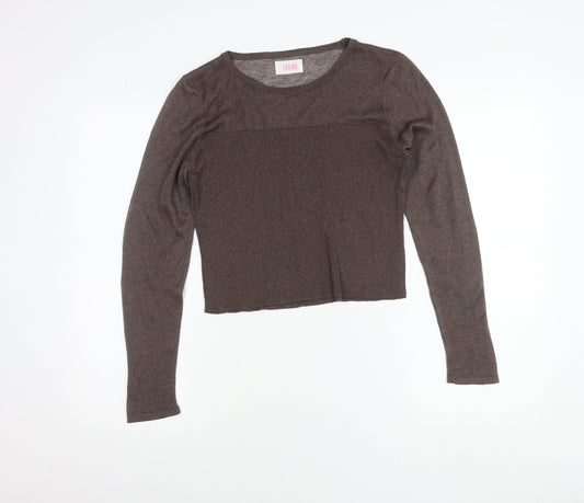 Savida Women Brown L Cropped Long Sleeve Knit Top