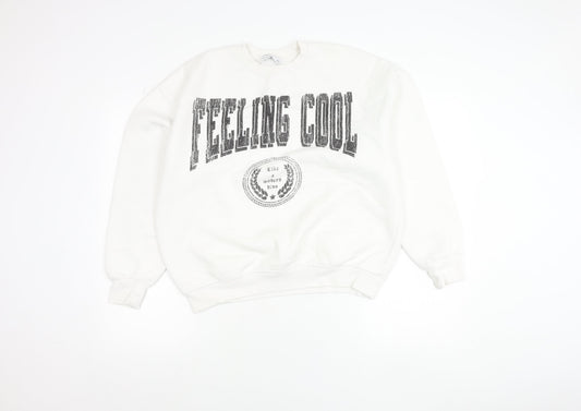 Bershka Women White Pullover Sweatshirt S Crew Neck Graphic Print 'Feeling Cool'