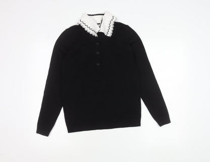 Additional front view of Gallery Women's Black Collared Henley Knit Jumper, size S