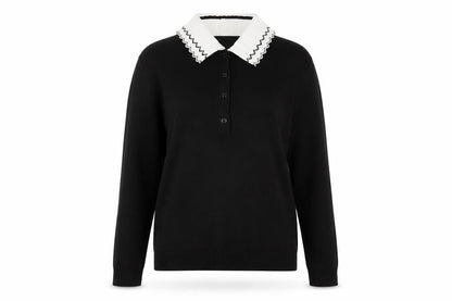 Front view of Gallery Women's Black Collared Henley Knit Jumper, size S