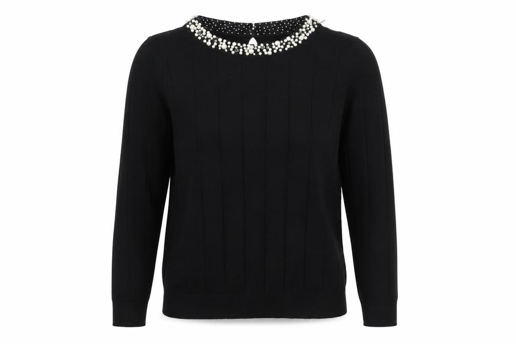 Gallery Womens Black Beaded Crew Neck Long Sleeve Knit Blouse Size S