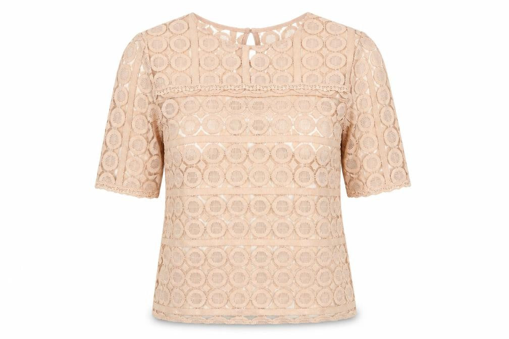 Front view of Atmosphere Women’s Beige Lace Blouse, size UK 10, 3/4 Sleeve Tunic Top