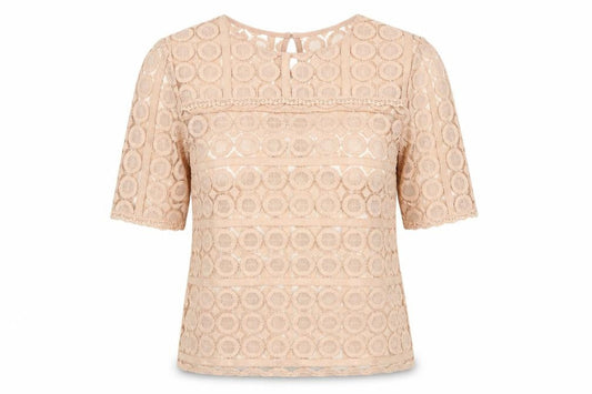 Front view of Atmosphere Women’s Beige Lace Blouse, size UK 10, 3/4 Sleeve Tunic Top