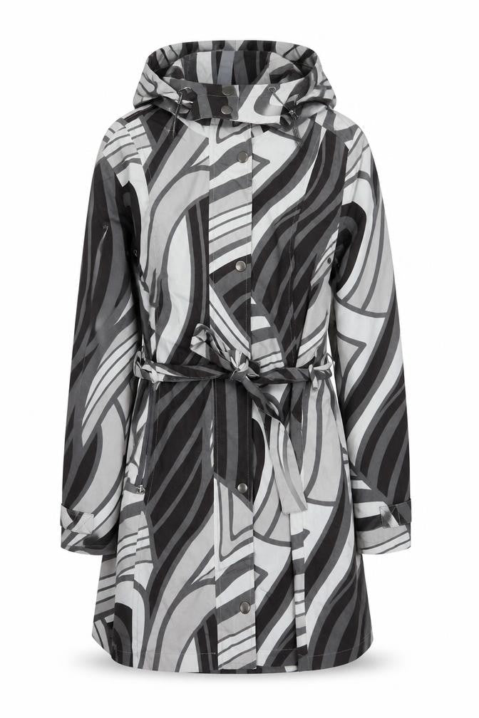 ETAGE Womens Grey Geometric Hooded Rain Coat Size 8 Belted Long Polyester