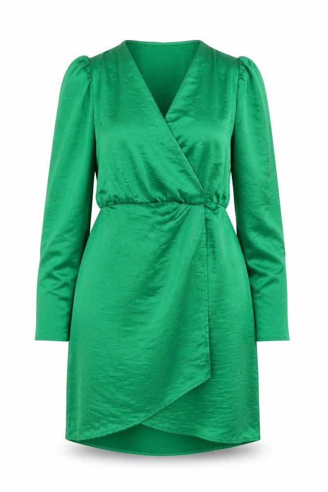 VILA Women’s Green Wrap Dress Size 14 Satin Party Long Sleeve